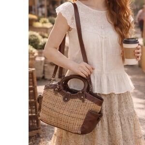 Vintage Y2K Fossil Purse Multicolored Woven Straw w/ Leather Accent Tote Bag